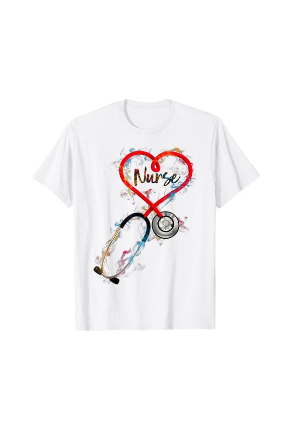 Colorful Heart and Stethoscope Design Watercolor Nurse Life T-Shirt for Nurse Week 2025