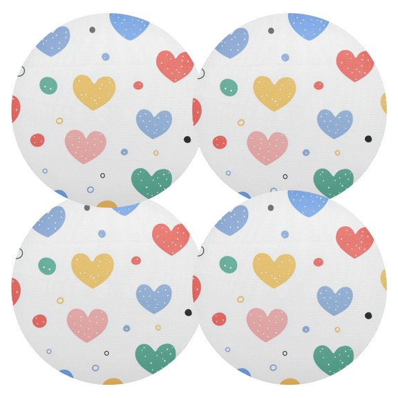 Colorful Heart with Dots Pastel Valentine PVC Round Grid Placemat Table Mat Set 4 Pcs 15.4" x 15.4"