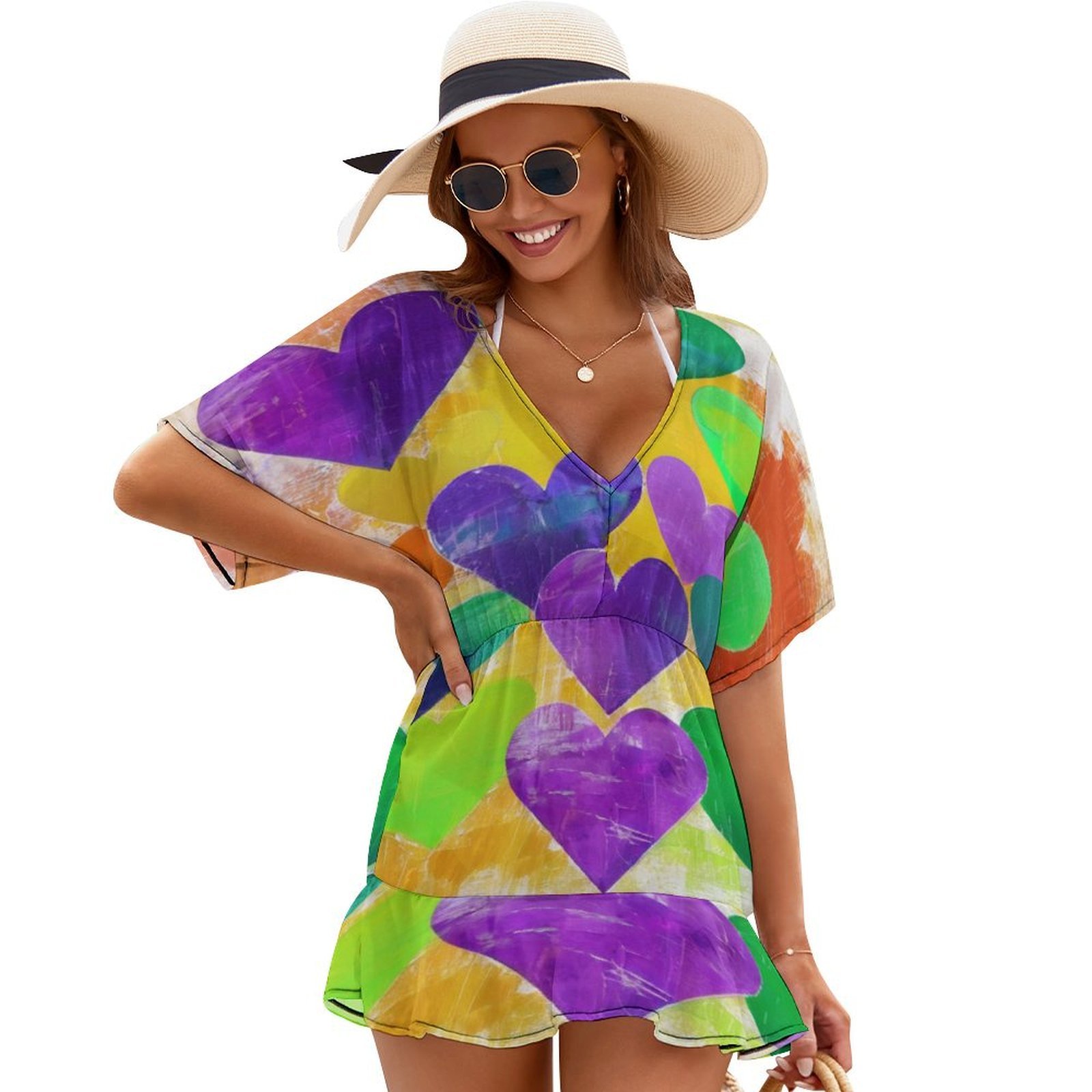 Colorful Hearts Abstract Art Beach Cover Ups Women V Neck Short Sleeve ...