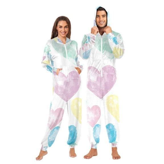 Colorful Hearts Adult Onesie Pajamas Slim Fit Christmas One Piece Suit Pjs for Women and Men Hooded Zipper