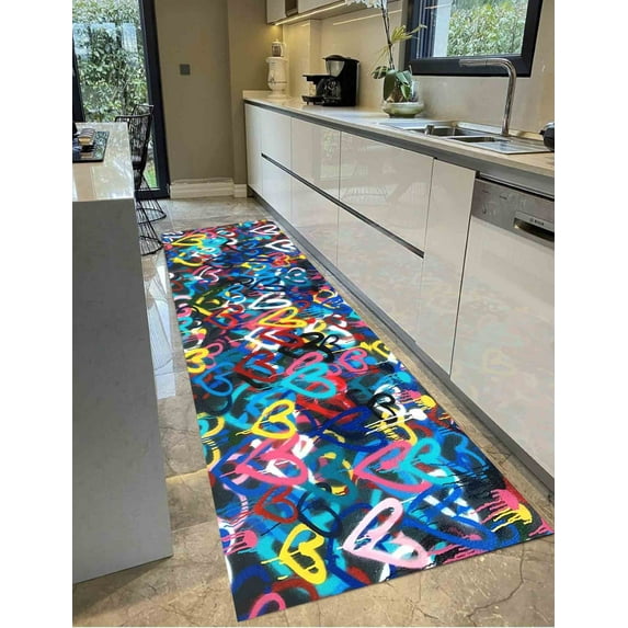 Colorful Hearts Rug, Machine Washable Rug, Painting Rug, Small Rug, Multicolor Rug, Runner Rug, Door Mat Rug, Banksy Hearts Rug, Modern Rug, 5.9'x9.2' - 180x280 cm