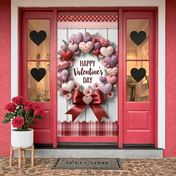 Colorful Hearts Valentine's Day Banner Floral Decor Heart Backdrop Pink Purple Red Ribbon Bow Romantic Background for Valentine's Day Party Romantic Date Photo Shoot