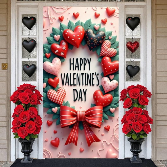 Colorful Hearts Valentine's Day Banner Red Bow Love Display Plaid Pattern Snowflake Design Heart Backdrop for Valentine's Day Party Romantic Dinner Photo Shoot