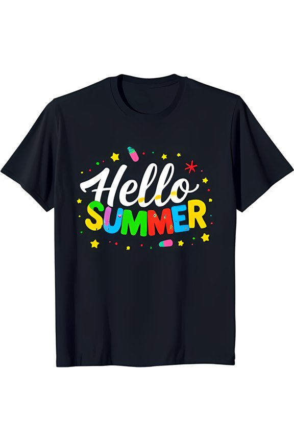 Colorful 'Hello Summer' Design Black T-Shirt with Stars Soft & Comfortable Everyday Wear