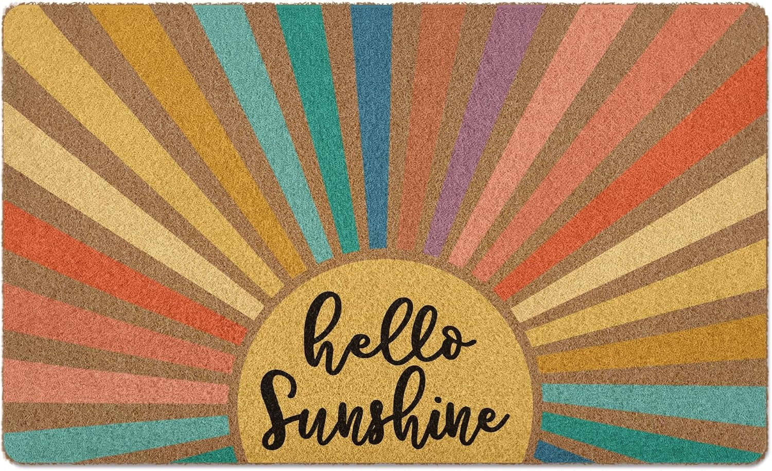 Colorful Hello Sunshine Door Mat, Sun Sunrise Welcome Front Door Mat Indoor Outdoor Entrance, Boho Spring Summer Artificial Coir Doormat Rugs for Patio Entry Classroom Decor 30x17in.