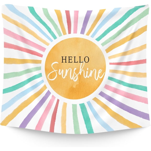 Colorful Hello Sunshine Hanging Wall Tapestry for Classroom, Boho Sun Wall Tapestries, Inspirational Sunset Wall Hanging Room Decor Tapestry for Kids Room Playroom Bedroom Nursery 50x60 inch