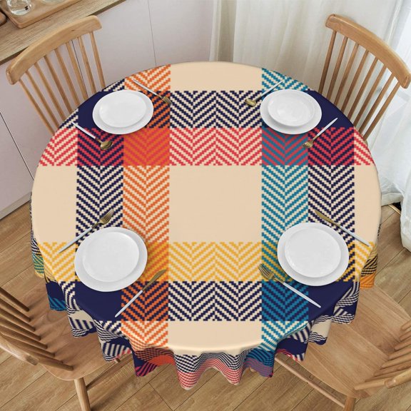 Colorful Herringbone Textured Tablecloth 60 Inch Round Table Cover, Gingham Check Plaid Waterproof Table Cloth Cover, Round Polyester Tablecloth for Outdoor Picnic Camping and Kitchen Dining Party