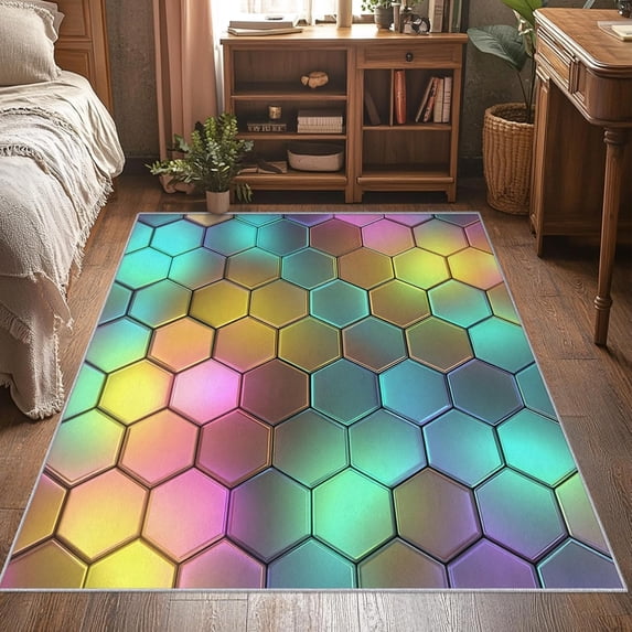 Hexagonal Pattern Rug Colorful Hexagon Geometric Area Rug, Honeycomb Pattern Carpet, Washable ...