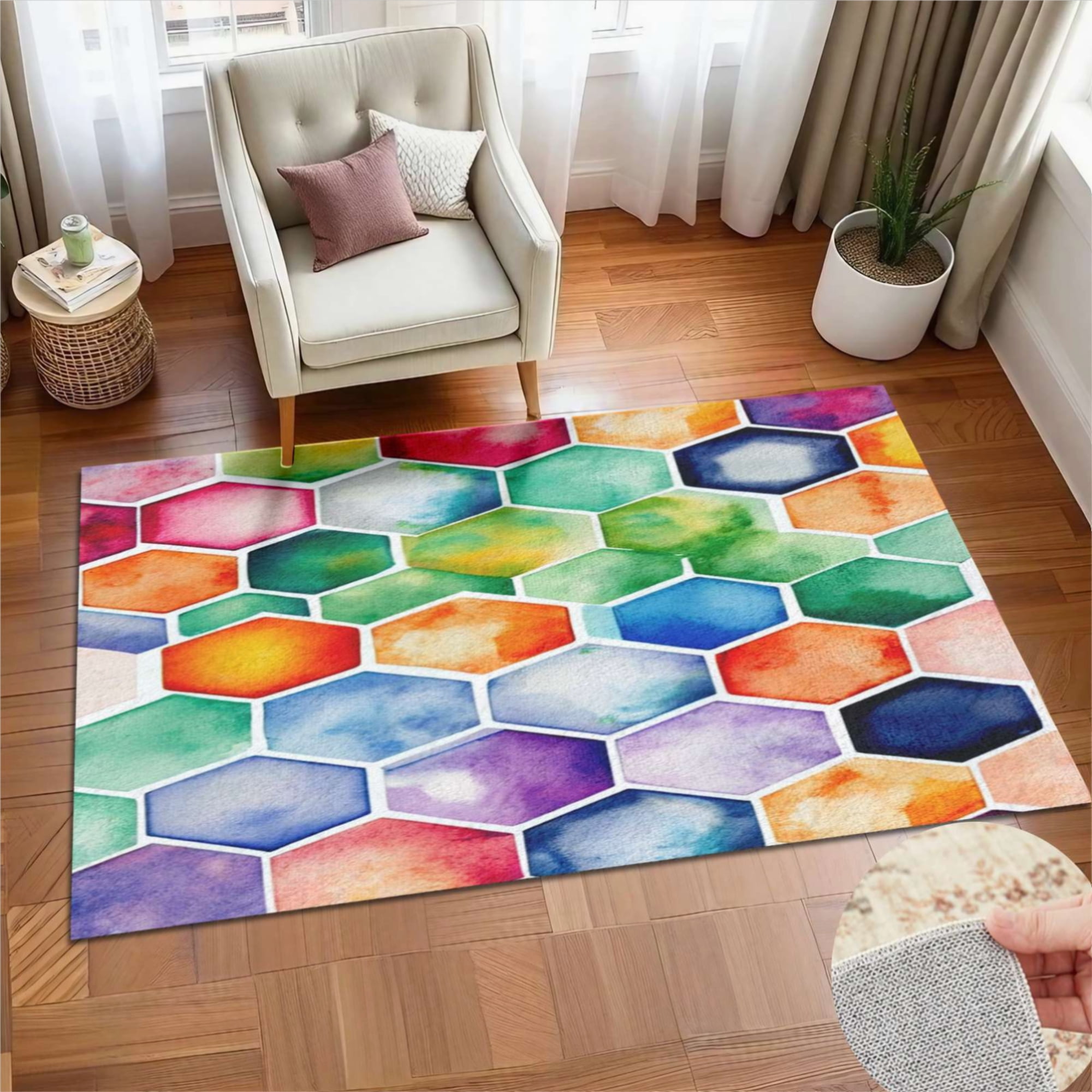 Colorful Hexagon Pattern Soft Large Area Rugs Washable Rug With Non ...