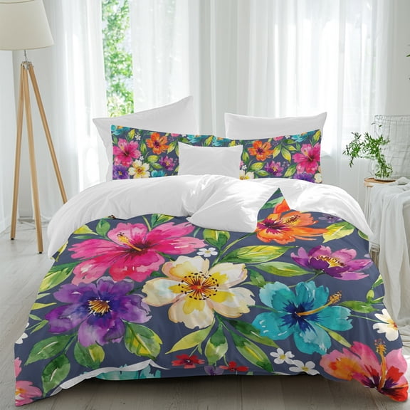Colorful Hibiscus Comforter Set Queen Size, Watercolor Floral Botanical Summer Soft Bedding Set for Man Woman, 4 Pieces Duvet Cover Set with Fitted Sheet, 2 Pillowcases