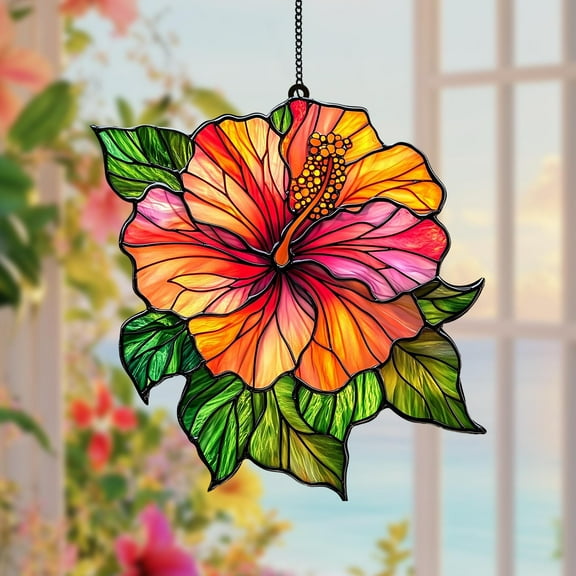 Colorful Hibiscus Faux Stained Glass Window Suncatcher, Summer Flower Ornament for Tropical Homes and Beachy Vibes Island Decor