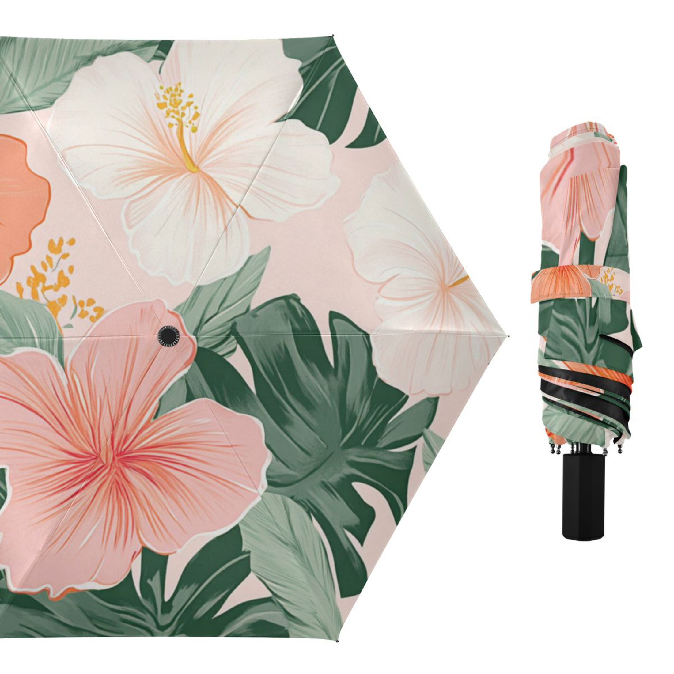 Colorful Hibiscus Florals Palm Leaves Hawaii All Weather Umbrella Triple Folding Parasol 6 Ribs UV Protection Portable