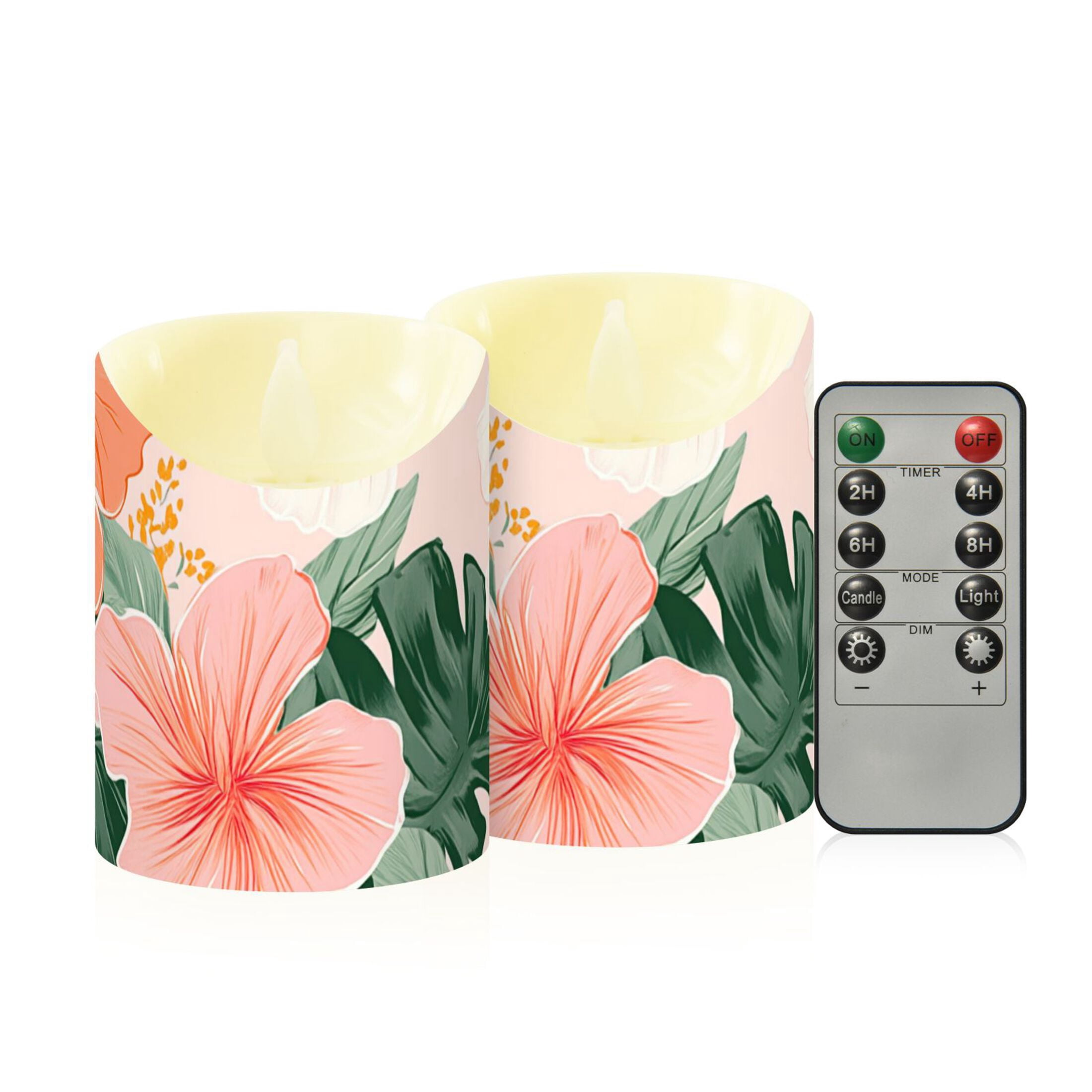 Colorful Hibiscus Florals Palm Leaves Hawaii Flickering Flameless Candles with Remote Timer Battery Operated LED Tealight Set of 2 M