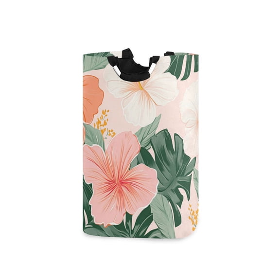 Colorful Hibiscus Florals Palm Leaves Hawaii Laundry Basket with Handles Foldable Laundry Hamper Freestanding Washing Bin 50L