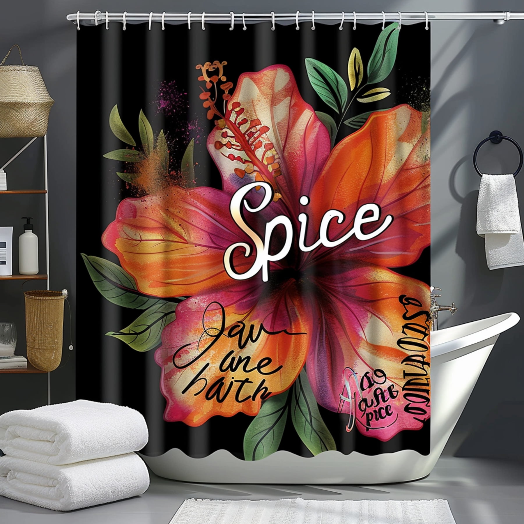 Colorful Hibiscus Flower Spice Bathroom Curtain Set with Black ...