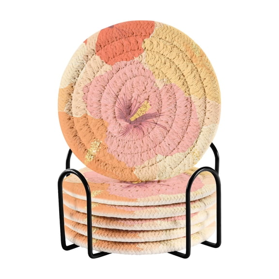 Colorful Hibiscus Flowers Drinking Coasters Cup Mat with Holder for Kitchen Cafe Bar 6 Packs