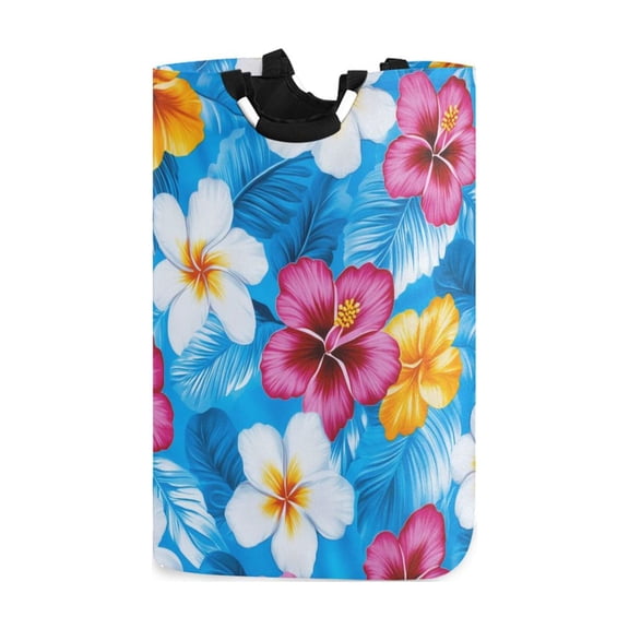 Colorful Hibiscus Flowers Hawaii Laundry Basket with Handles Foldable Laundry Hamper Freestanding Washing Bin 50L