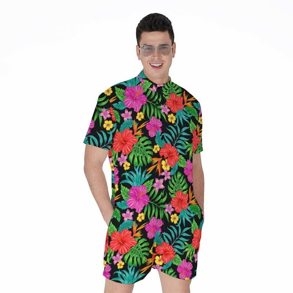 Colorful Hibiscus Flowers Pattern Short Sleeve Men'S Rompers, Aloha Tropical Hawaiian Casual Summer Jumpsuits Outfit