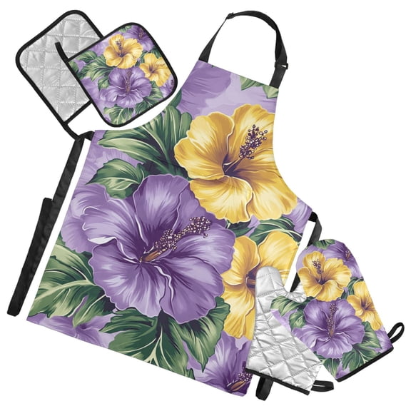 Colorful Hibiscus Pattern Oven Mitts and Pot Holders with Chef Apron Set 5 Pcs Kitchen Cooking Set