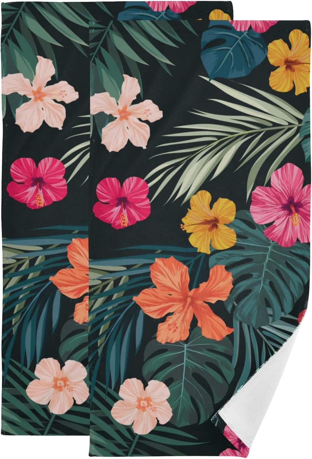 Colorful Hibiscus Tropical Hand Towels for Bathroom, Summer Palm Leaves Kitchen Towel 2 PCS Ultra Soft and Highly Absorbent Decorative Fingertip Face Bath Towels for Spa & Hotel, 28.3"x 14.4"