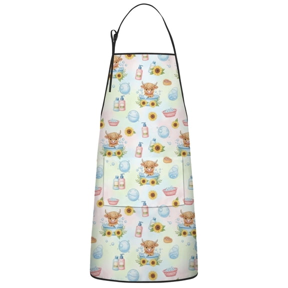 Colorful Highland Cow Bathtub Pattern Apron-Garden Aprons for Women with Pockets-Cotton Linen Waterproof Kitchen Cooking Gardening Aprons Adjustable for Kitchen,Cooking,BBQ and Salon 33x27 Inch