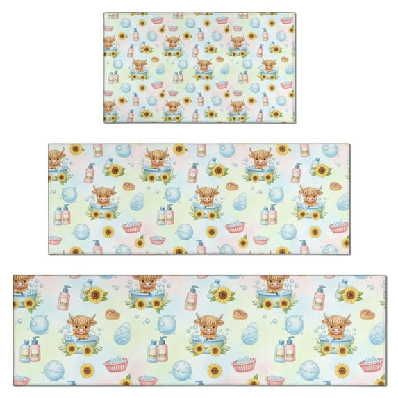 Colorful Highland Cow Bathtub Pattern Kitchen Rugs Sets Of 3,Kitchen Runner Rugs Non Skid Washable,Decorative Kitchen Floor Mats for Kitchen,Sink,Laundry,17"x30"+ 17"x47" + 17"x59"
