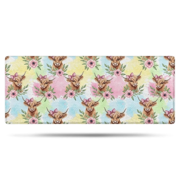 Colorful Highland Cow Flower Pattern Bathroom Rugs Mat,Non Slip Microfiber Bathroom Rug,Rubber Backing,Soft Bathroom Mats for Bathroom Floor,Tub and Shower,60x24in(150x60cm)