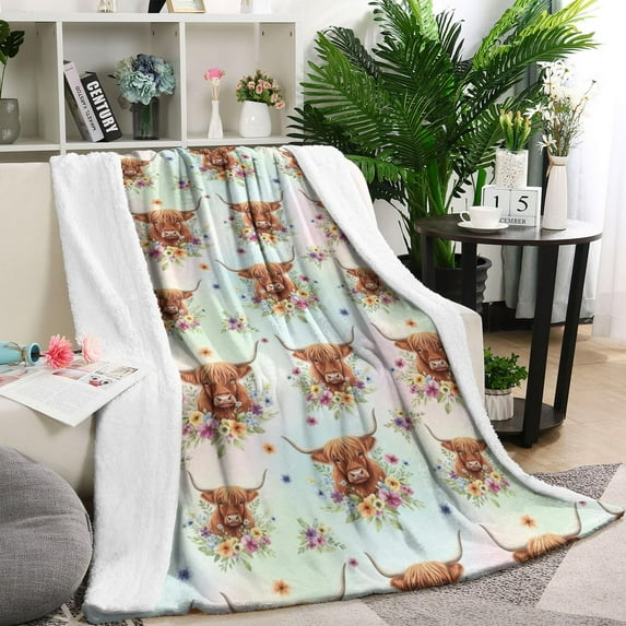 Colorful Highland Cow Flower Pattern Blanket,Comfortable Soft Flannel Throw Blanket,All Season,Warm Lightweight Blankets for Sofa Bed Couch Living Room Chair,40"x50"
