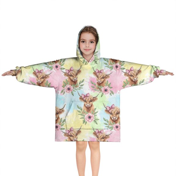 Colorful Highland Cow Flower Pattern Blanket Hoodies for Kids 6-13YR Oversize Wearable Blanket Hoodies for Boys Girls Teens