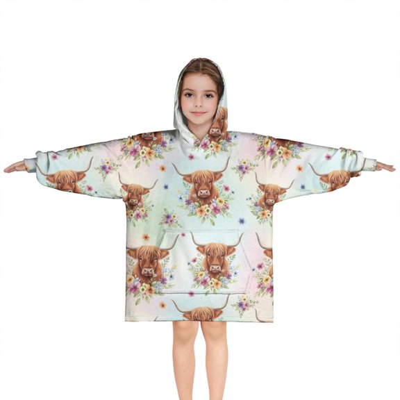 Colorful Highland Cow Flower Pattern Blanket Hoodies for Kids 6-13YR Oversize Wearable Blanket Hoodies for Boys Girls Teens