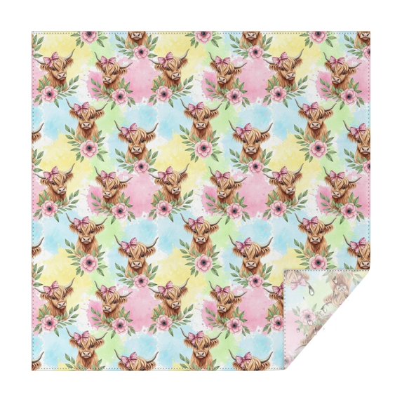 Colorful Highland Cow Flower Pattern Square Tablecloth,Waterproof Square Table Cover,Wipeable Spillproof Washable Table Cover for Home Kitchen Party Decor 42"X42"(107x107cm)