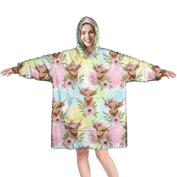 Colorful Highland Cow Flower Pattern Wearable Oversized Blanket,Wearable Blanket Hoodie for Adults,Cozy Hooded Blankets with Super Pockets,Super Warm Fuzzy Pullover for Women & Men