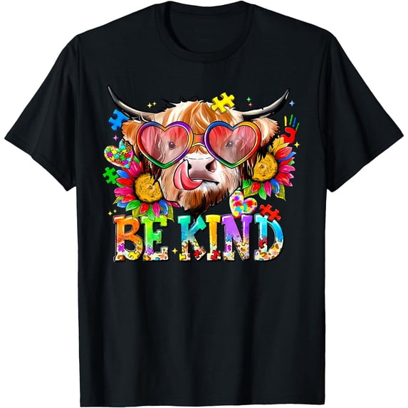 Colorful Highland Cow Inspirational T-Shirt for Autism Awareness and Kindness