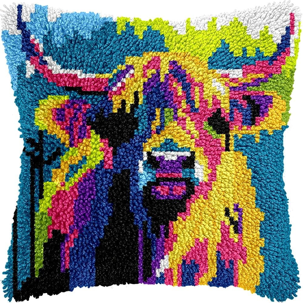 Colorful Highland Cow Latch Hook Pillow Kits for DIY Throw Pillow Cushion Embroidery Latch Hooking Pillowcase Kits with Preprinted Canvas Crochet Yarn Kits for Home Decor 17''X 17''(C154)