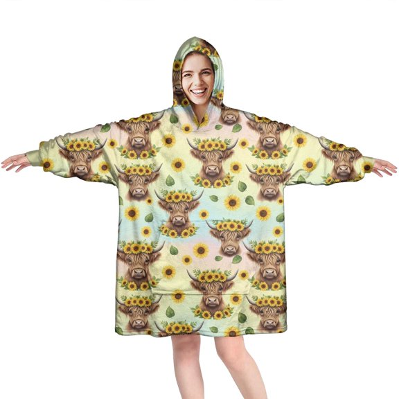 Colorful Highland Cow Sunflower Pattern Wearable Oversized Blanket,Wearable Blanket Hoodie for Adults,Cozy Hooded Blankets with Super Pockets,Super Warm Fuzzy Pullover for Women & Men