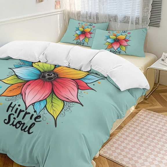 Colorful Hippie Flower Peace Signs Duvet Cover Set Bedding Set Polyester Quilt Cover for Bedroom Decoration