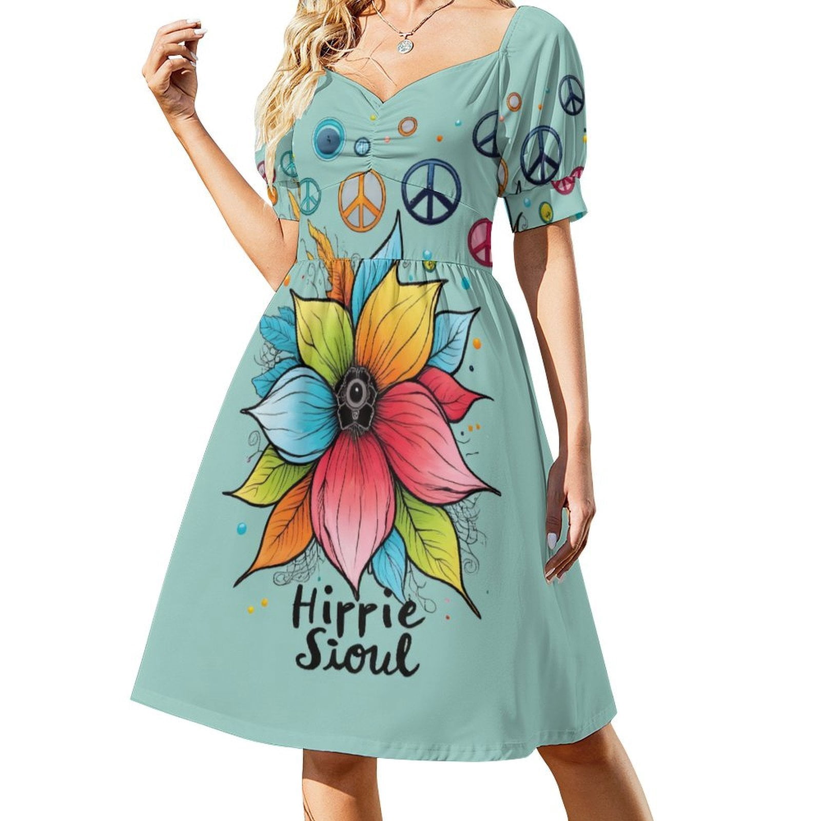 Colorful Hippie Flower Peace Signs Summer Women's Dress 2025 Elegant ...