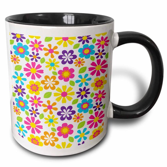 3drose, Colorful Hippie Girly Flower Shapes Pattern, 15oz Two-tone Black Mug