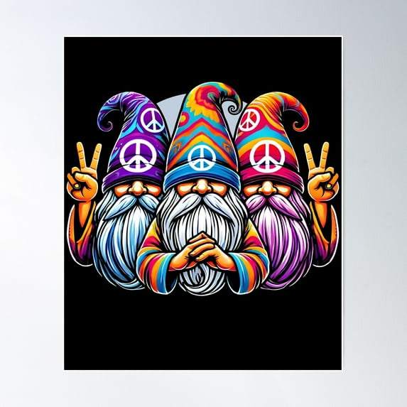 Colorful Hippie Gnome Illustration – Groovy Peace Sign Gnomes In Psychedelic Art Style Poster Wall Art, Modern Wall Decor For Living Room Bedroom, 8x12 UNFRAMED
