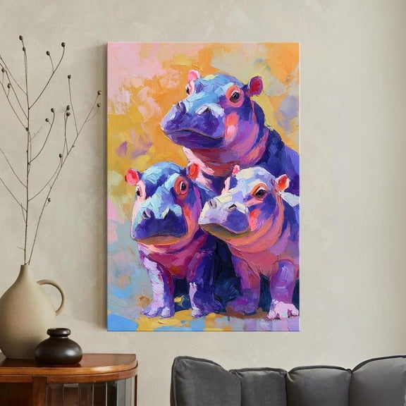 Colorful Hippo Family Print Vibrant Safari Animal Wall Art Bright Purple Abstract Wildlife Maximalist Unframed Paper Poster 8x10in