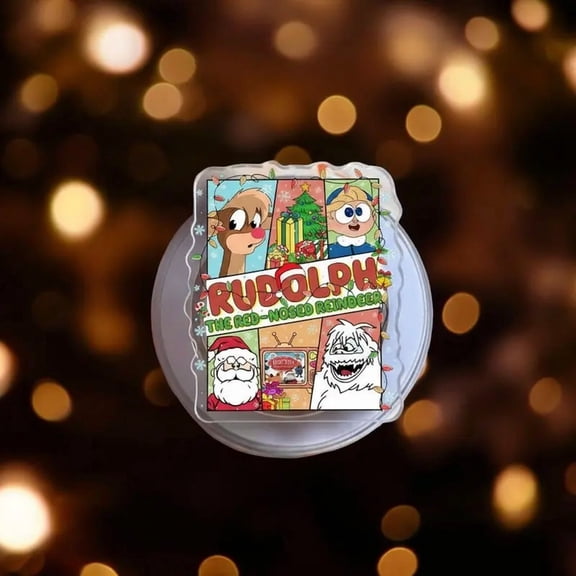 Colorful Holiday Reindeer and Santa Cartoon Scene Phone Grip – Cute Winter Characters with Gifts and Christmas Tree for Festive Phone Add-Ons