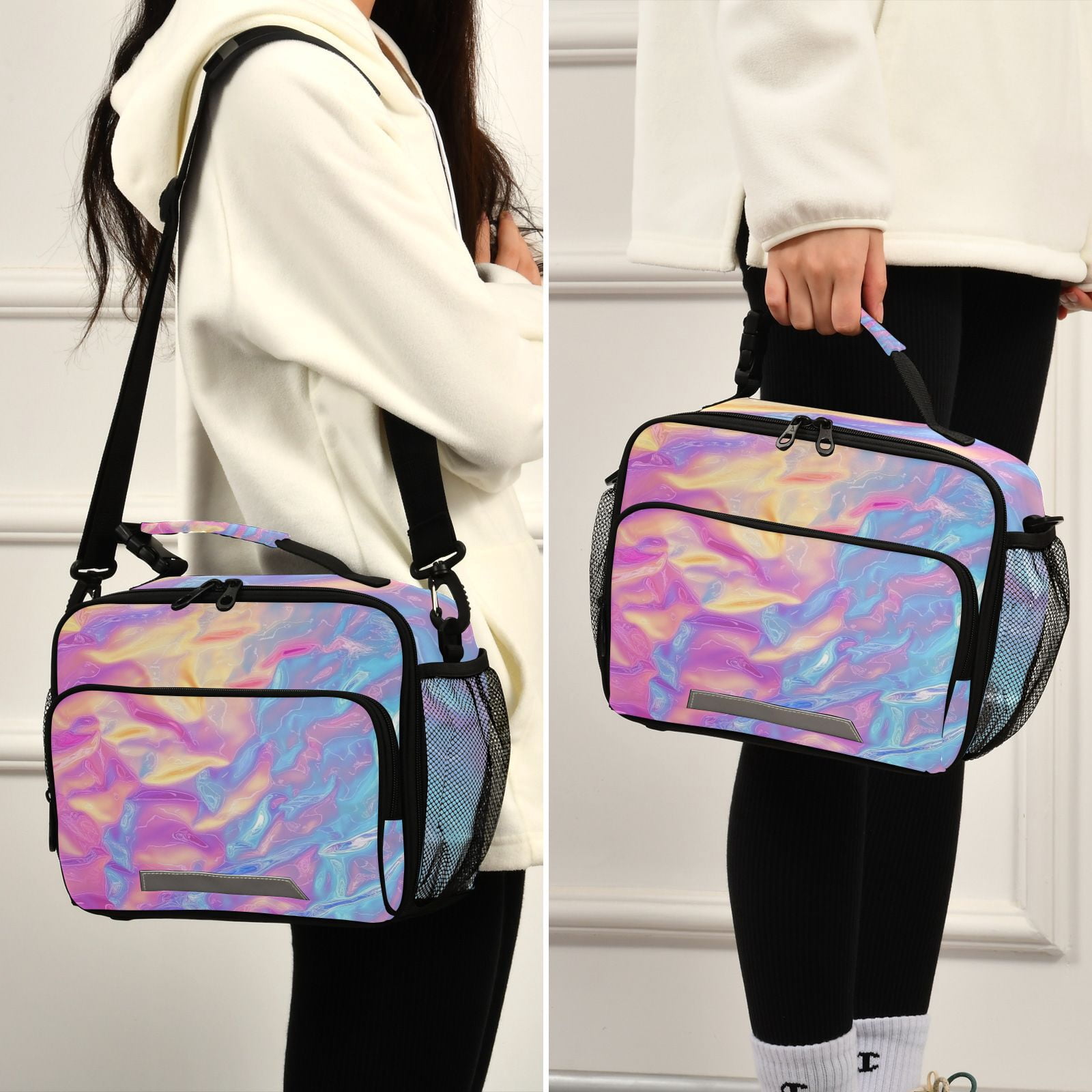 Colorful Hologram Waves Lunch Bag Cooler Bag Cooling Tote Portable Shoulder Strap Interior Pockets for Picnic Travel