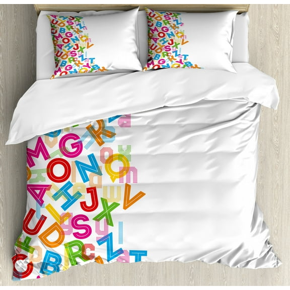 Colorful Home Decor King Size Duvet Cover Set, Alphabet Background with Letter Icons Words Literature Textured Fun Print, Decorative 3 Piece Bedding Set with 2 Pillow Shams, Multi, by Ambesonne