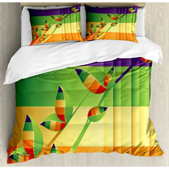Colorful Home Decor Queen Size Duvet Cover Set, Modern Various Fractal Floral Leaves and Branch Vibrant Stripes Fantasy Art, Decorative 3 Piece Bedding Set with 2 Pillow Shams, Multi, by Ambesonne