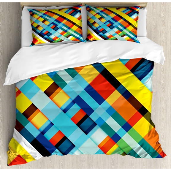Colorful Home Decor Queen Size Duvet Cover Set, Vivid Lines Stripes with Diagonal Elements Retro Layout with Modern Touch, Decorative 3 Piece Bedding Set with 2 Pillow Shams, Multi, by Ambesonne