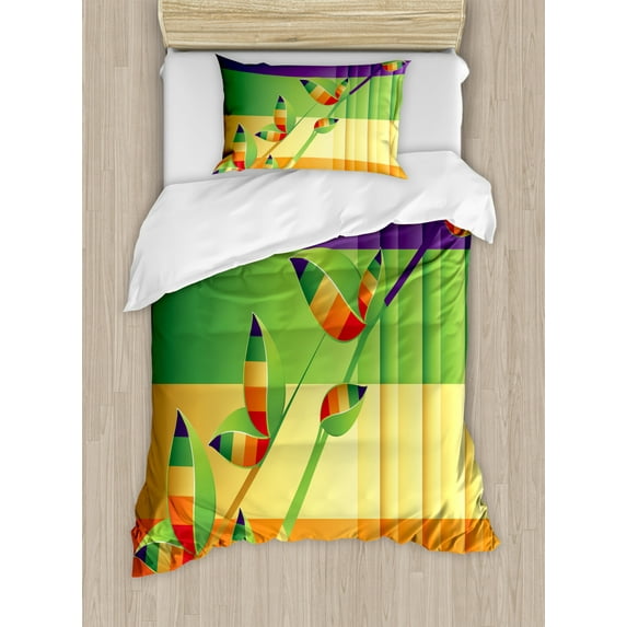 Colorful Home Decor Twin Size Duvet Cover Set, Modern Various Fractal Floral Leaves and Branch Vibrant Stripes Fantasy Art, Decorative 2 Piece Bedding Set with 1 Pillow Sham, Multi, by Ambesonne