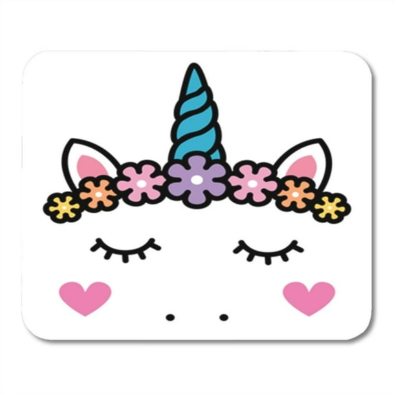 Colorful Horn Cute Unicorn Face with Pastel Rainbow Flowers Pink Beautiful Black Mousepad Mouse Pad Mouse Mat 9x10 inch