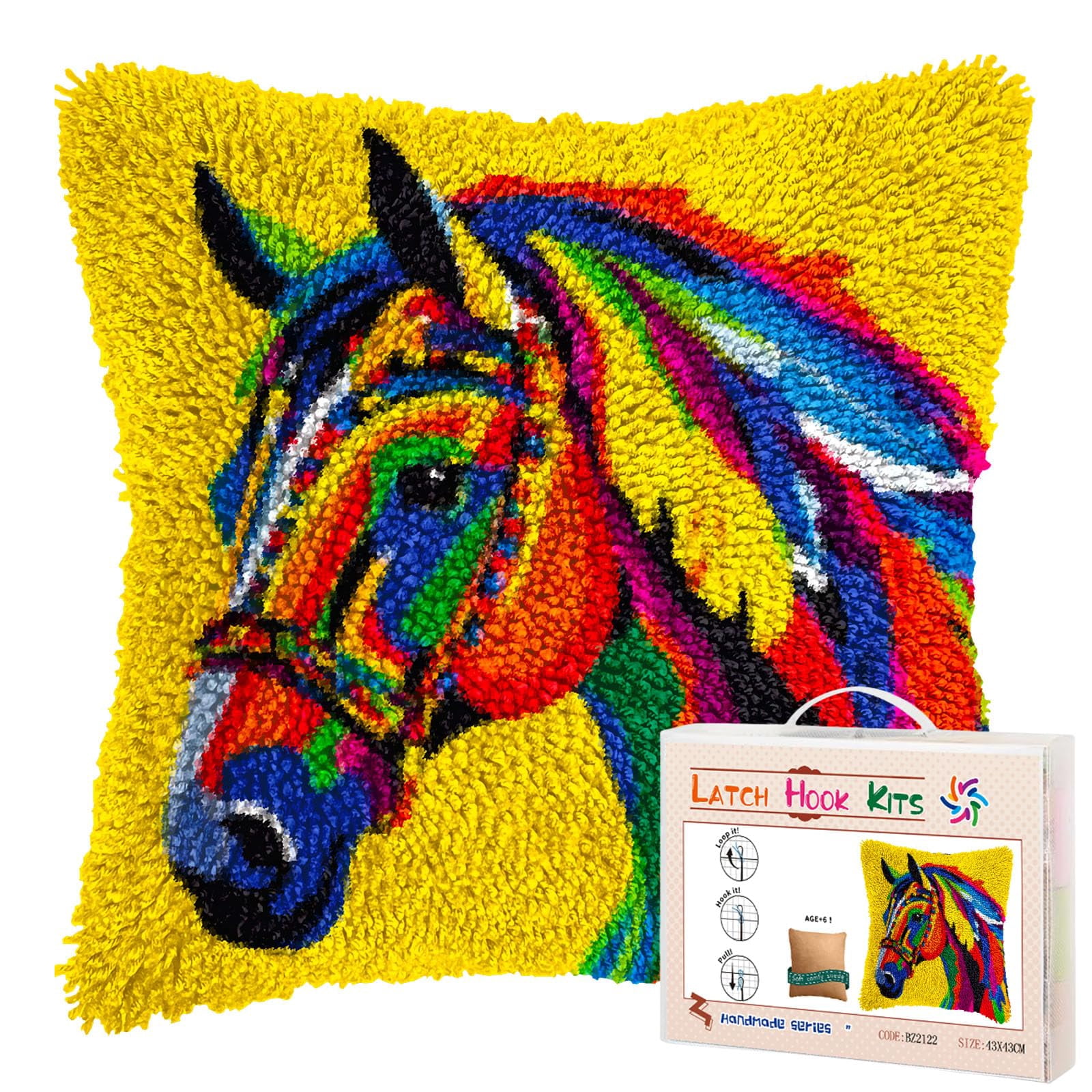 Colorful Horse DIY Latch Hook Pillow Kits for Adults Printed Pillowcase Crochet Yarns Hooking Handmade Pillow Cover Cushion for Home Sofa Decoration 17x17inch