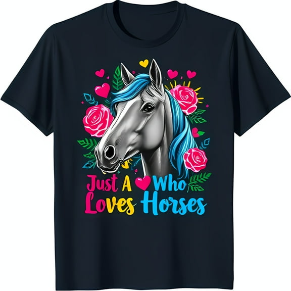 Colorful Horse Head T-Shirt with Flowers Just A Girl Who Loves Horses Black Tee