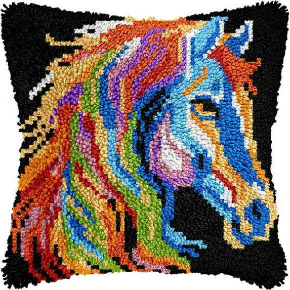 Colorful Horse Latch Hook Pillow Kits DIY Pillowcase Crochet Hook Cushion Making Kits with Preprinted Pattern Canvas Instruction Yarns Pillow Cover Easy Starter DIY Kits 43x43cm（k44)